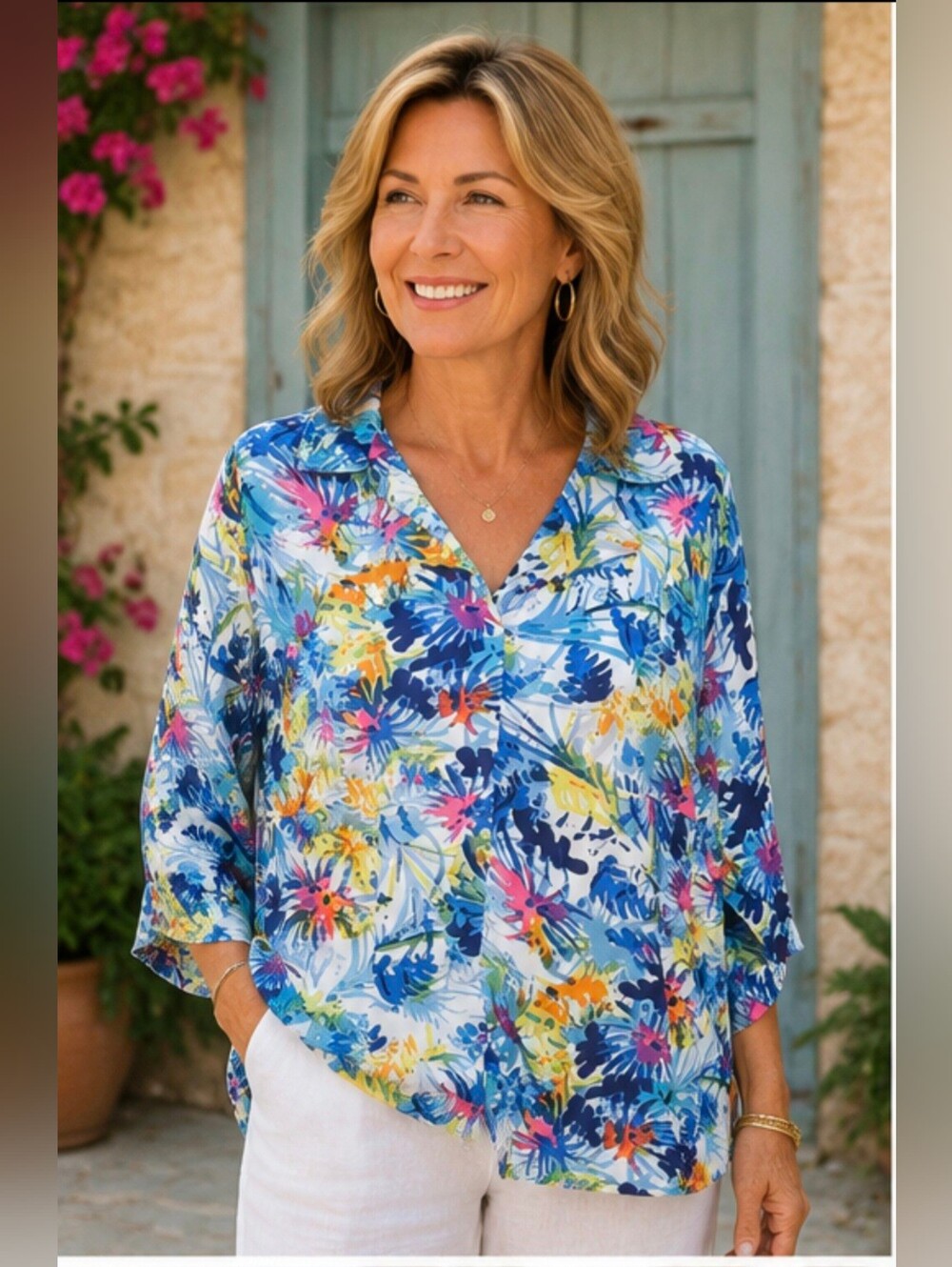 Cabana Cay Tropical Floral Tunic Top Medium Blue Viscose Resort Beach